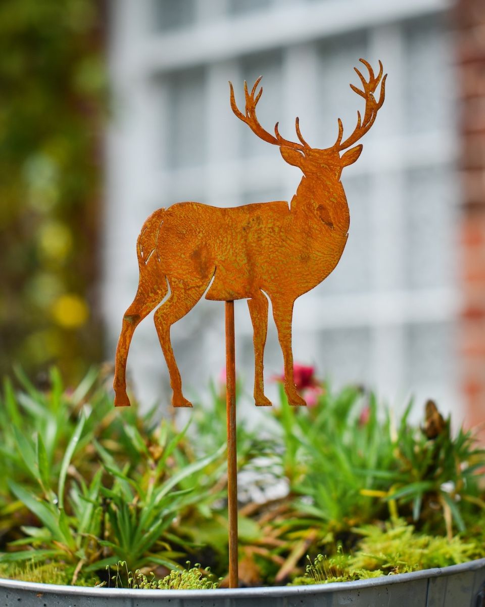 Rustic Highland Stag Artistic Plant Pot Spike - Set of Two