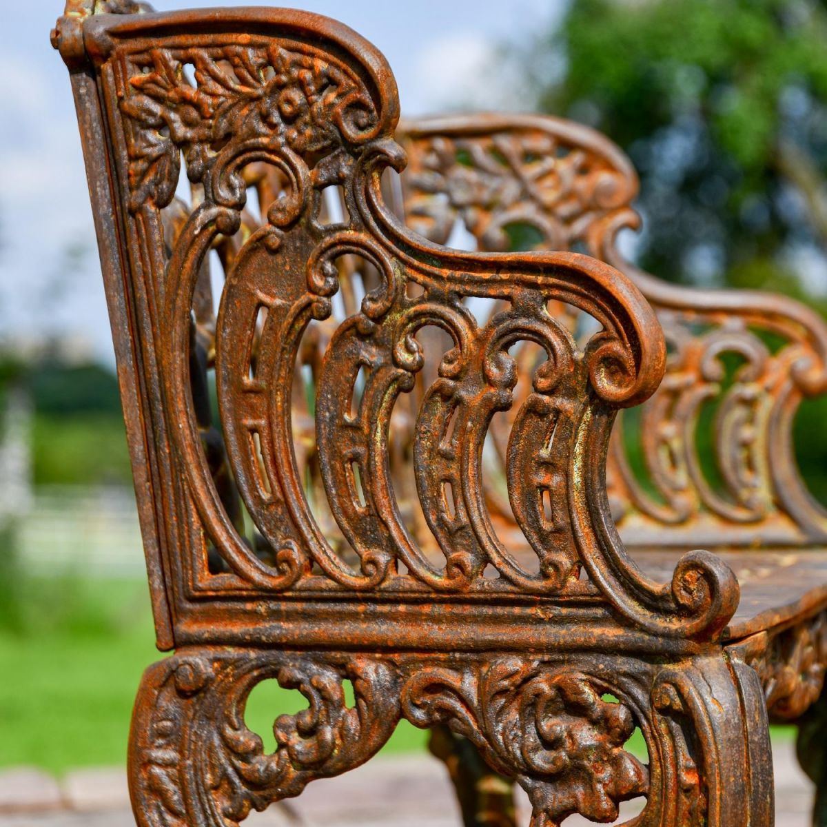 Side view of Rustic Ornate Cast Iron Garden Bench 
