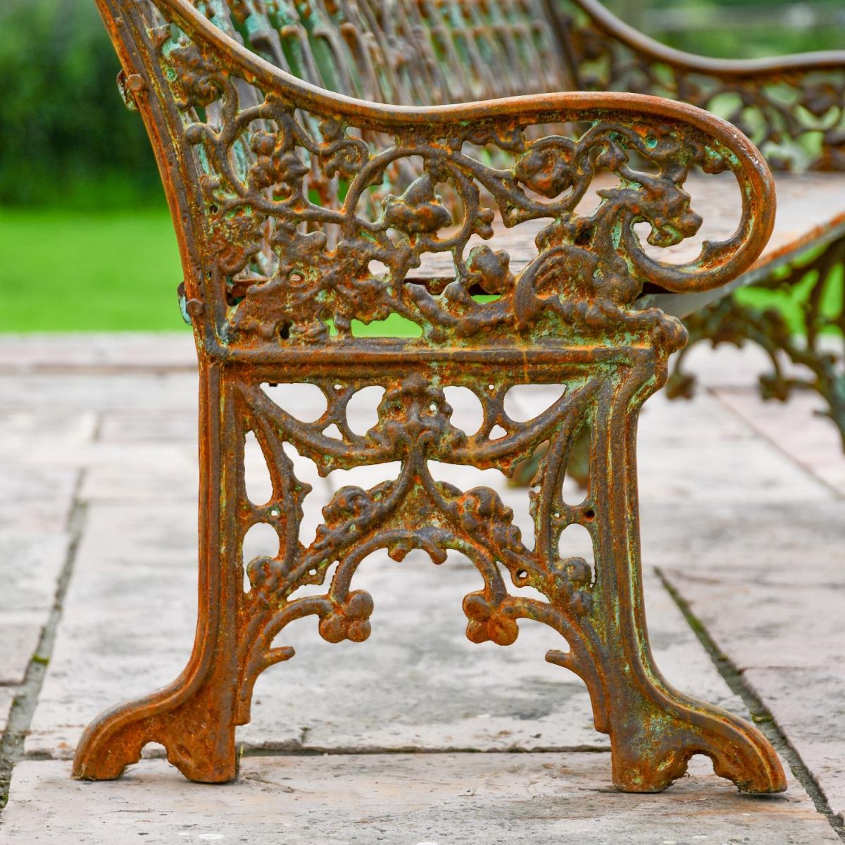 Side view of Rustic Gothic Three Seater Garden Bench