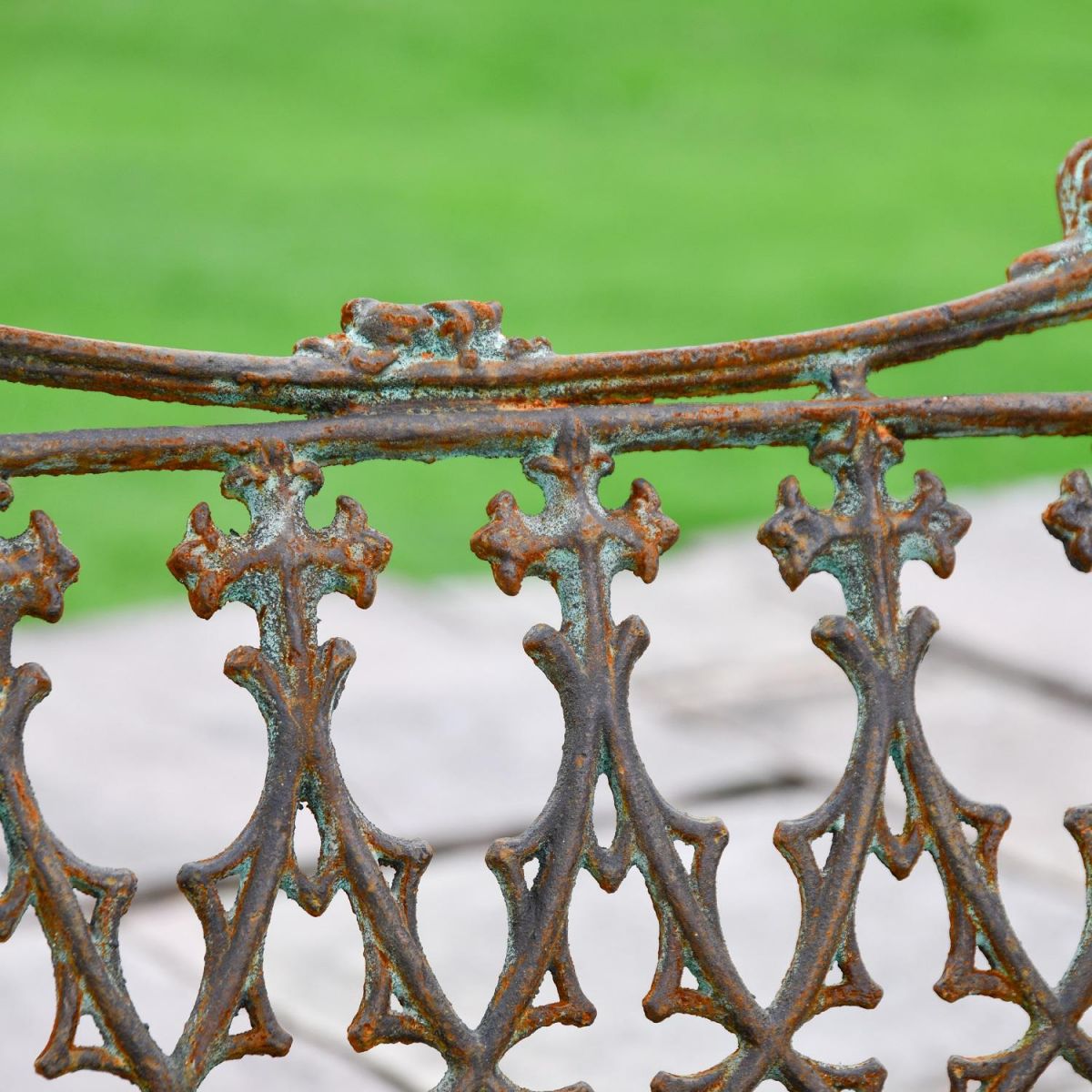 Close up of rustic gothic garden bench