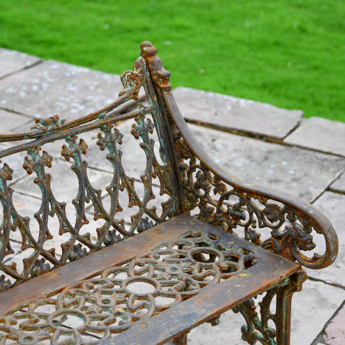 Close up of Rustic Gothic Three Seater Bench