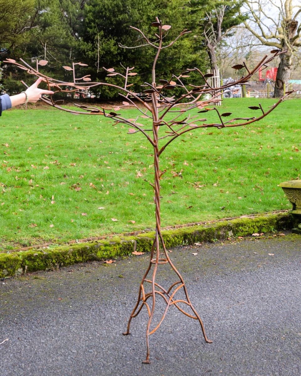 170cm Rustic Metal Tree Sculpture Garden Ornament with Leaves with Hand in Shot for Scale