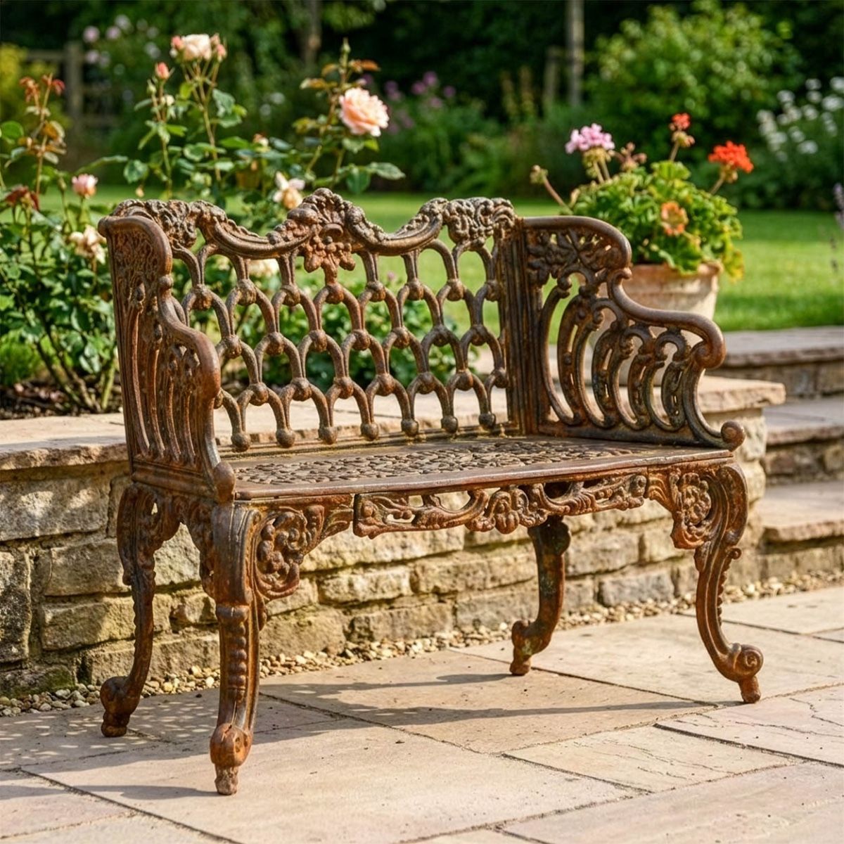 Rustic Ornate Cast Iron Garden Bench Digital Illustration