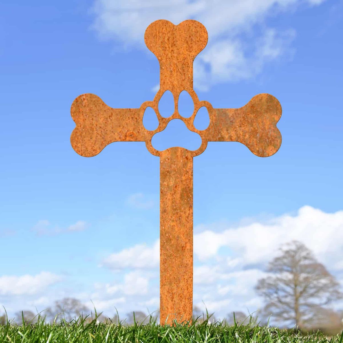 Paw Print on Dog Bone Cross Grave Marker Ground Spike in Rustic Finish in Situ