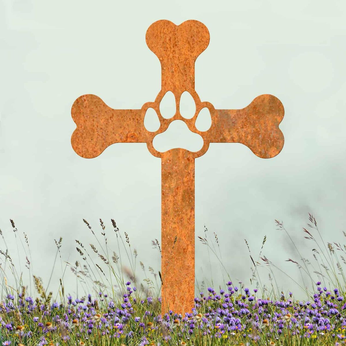 Rustic Paw Print on Dog Bone Cross Grave Marker Ground Spike