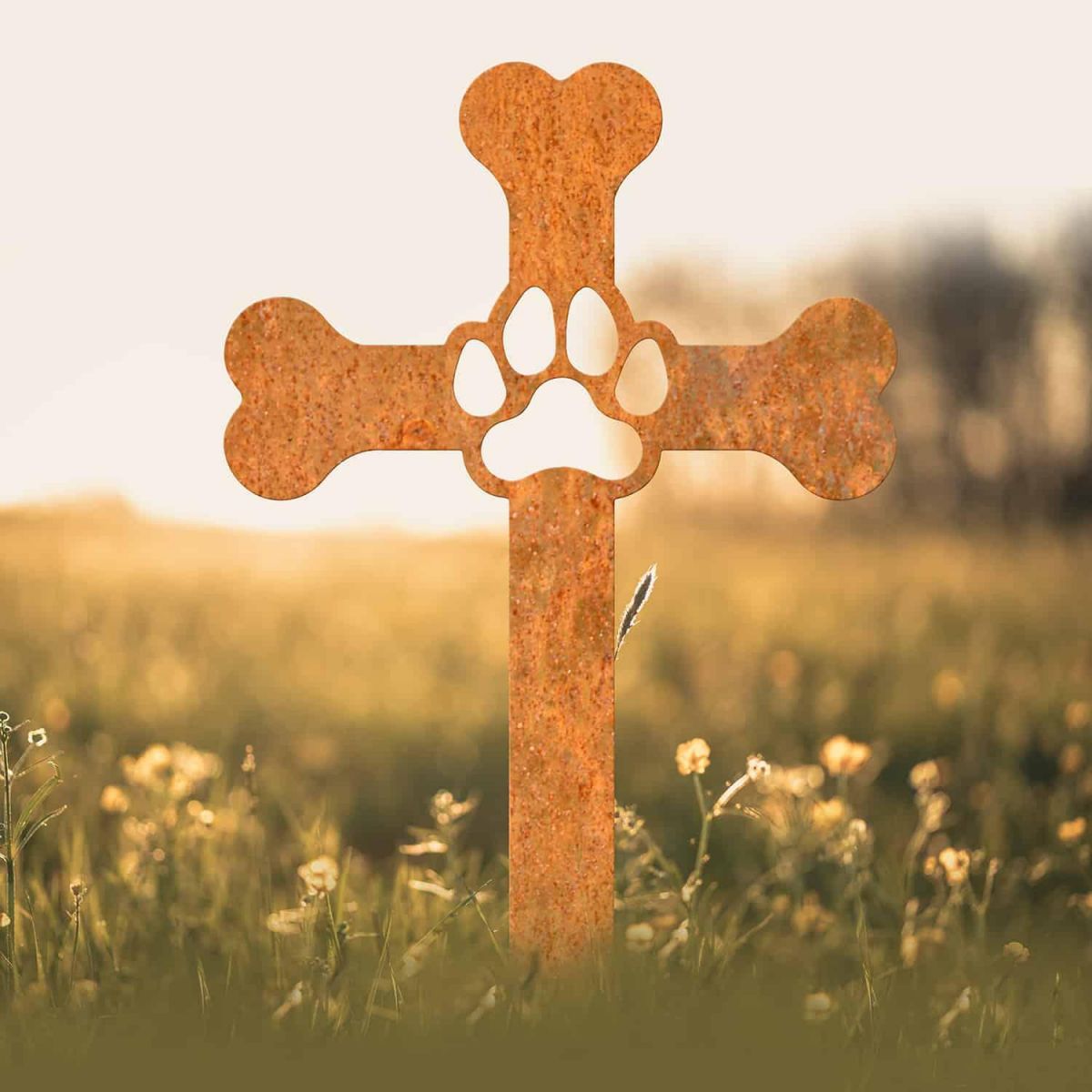 Paw Print on Dog Bone Cross Grave Marker Ground Spike in Rustic Finish