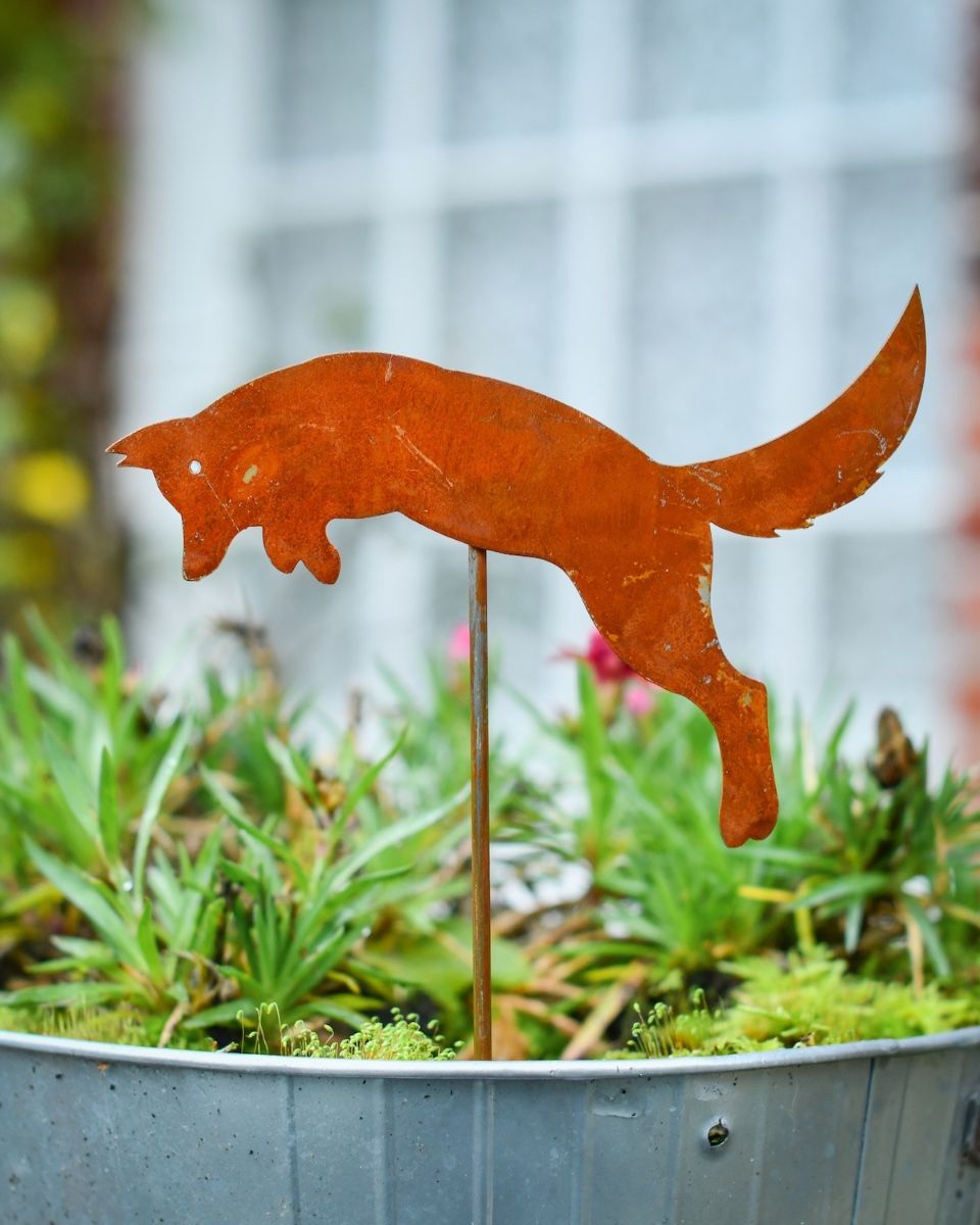 Rustic Pouncing Fox Artistic Plant Pot Spike - Set of Two