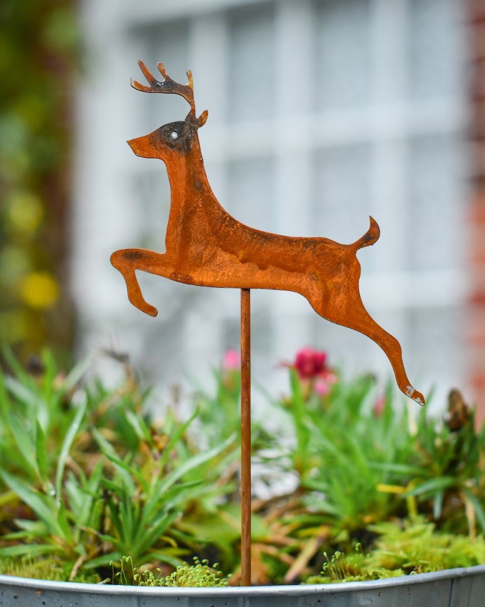 Rustic Prancing Deer Artistic Plant Pot Spike - Set of Two