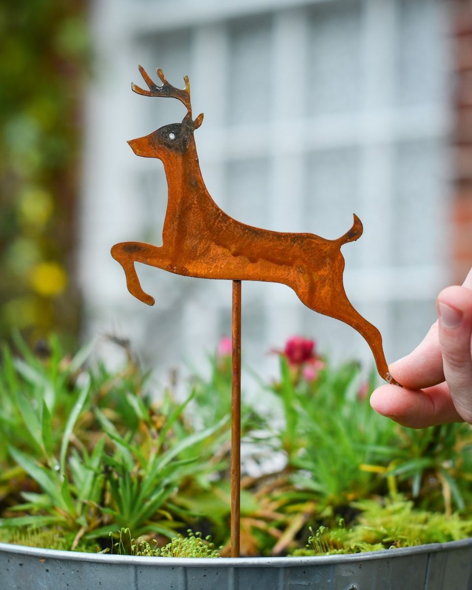 Rustic Prancing Deer Artistic Plant Pot Spike - Set of Two with hand in shot for scale