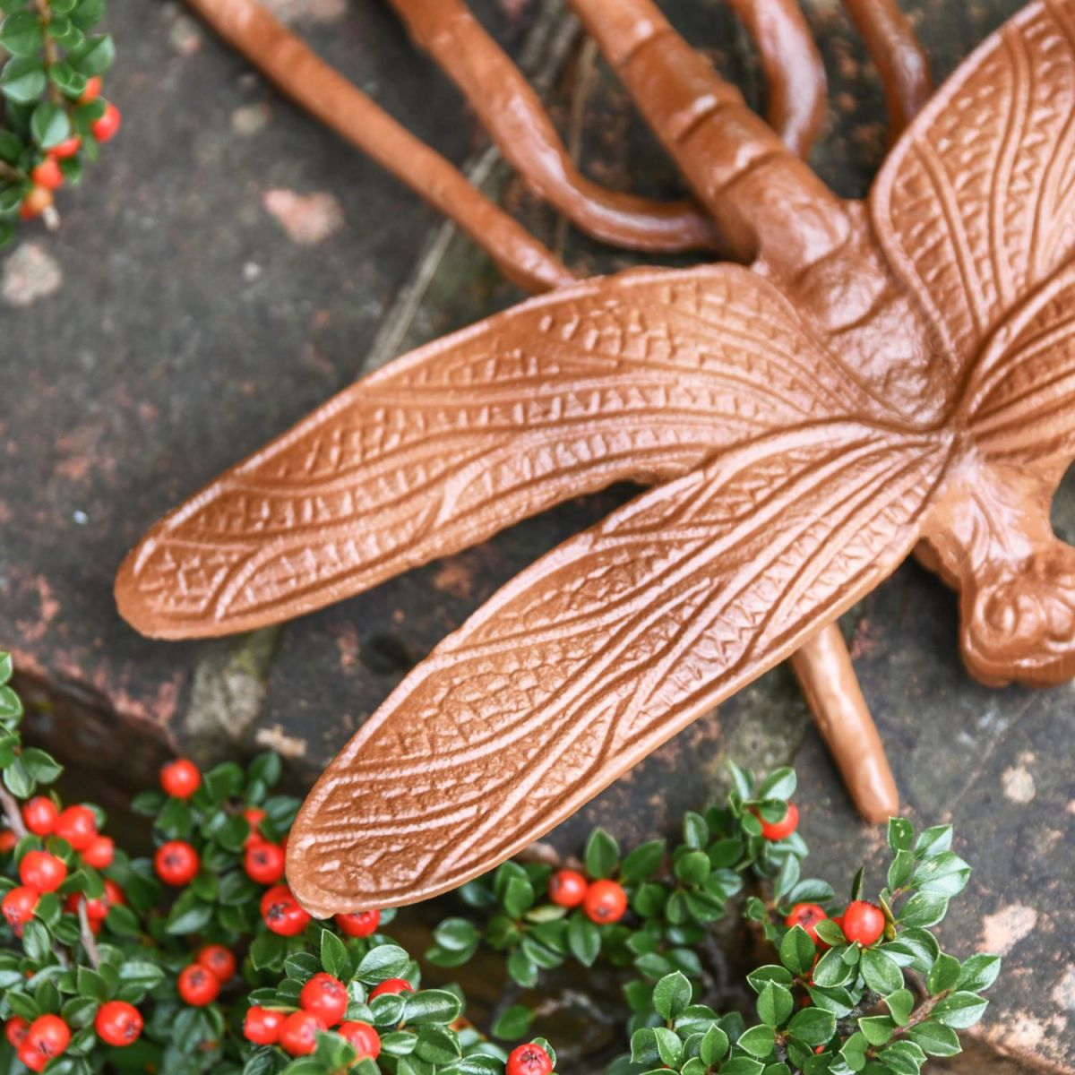Close-Up of Wing Detail on Rustic Dragonfly Garden Sculpture in Situ