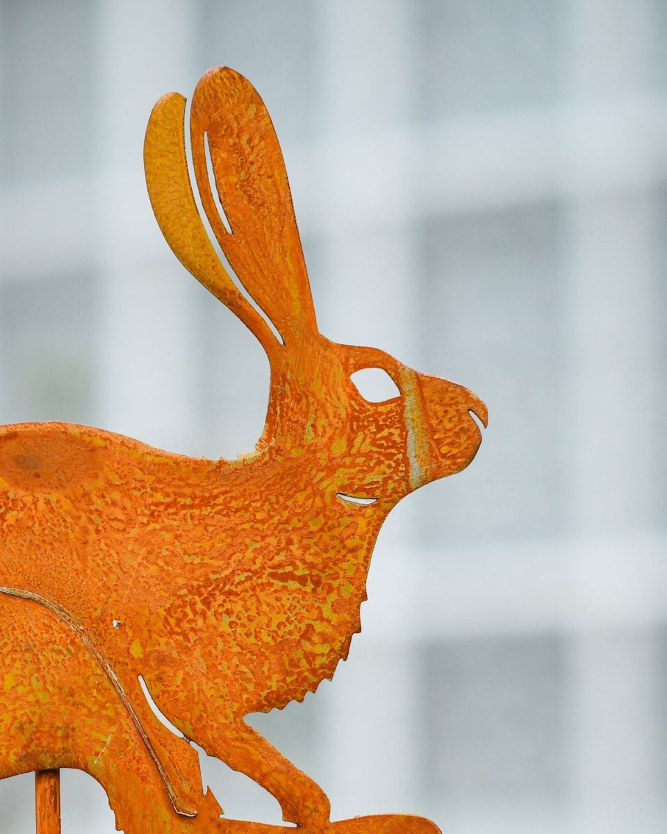 Rustic Running Hare Artistic Plant Pot Spike - Set of Two close up of hare head