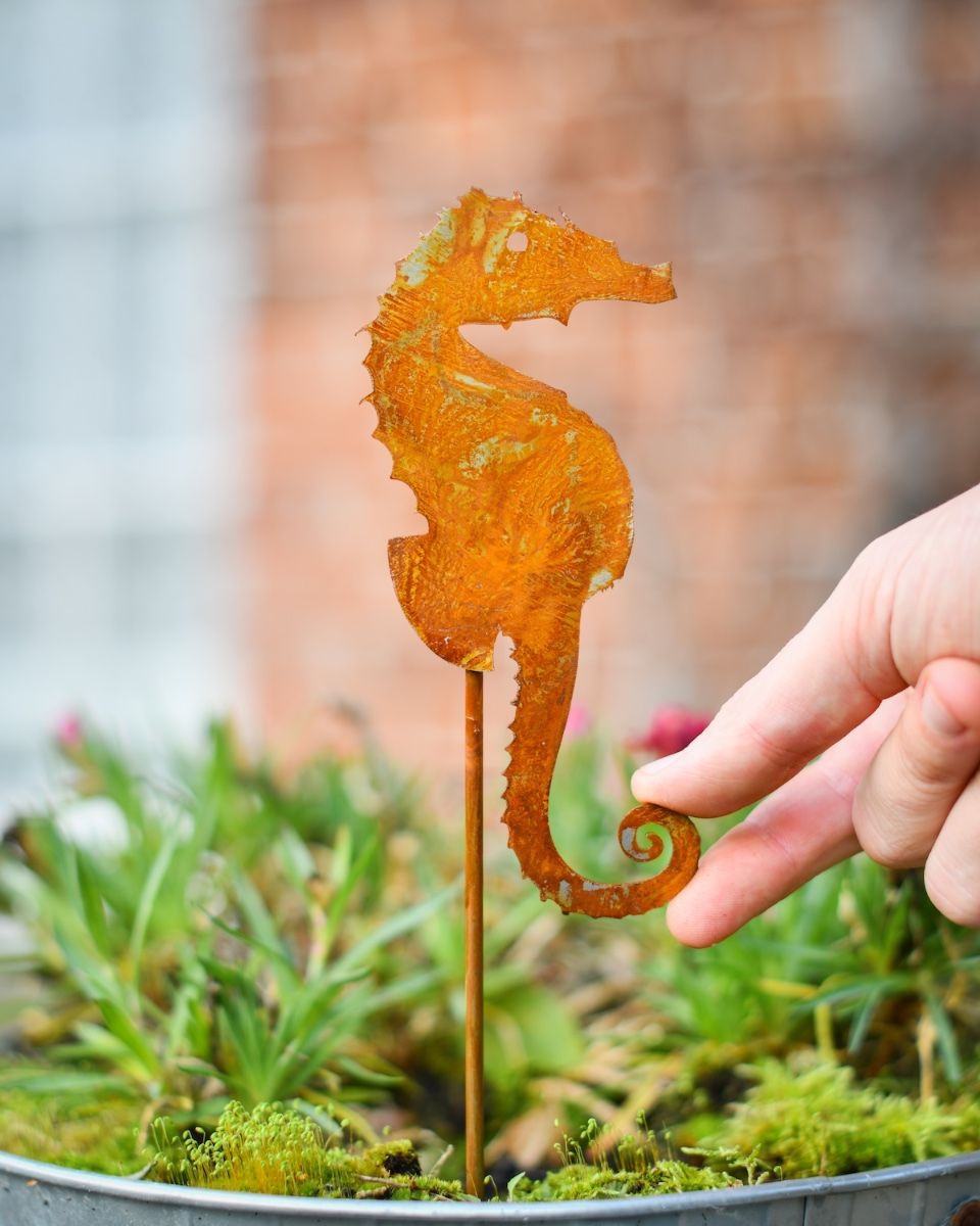 Rustic Seahorse Artistic Plant Pot Spike - Set of Two with hand in shot for scale