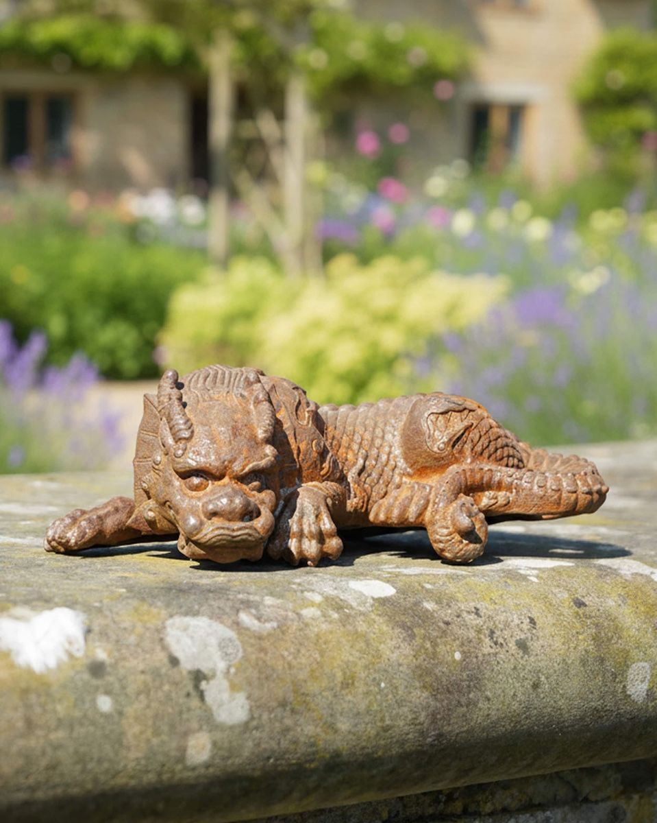 Rustic Sleeping Cast Iron Dragon Sculpture
