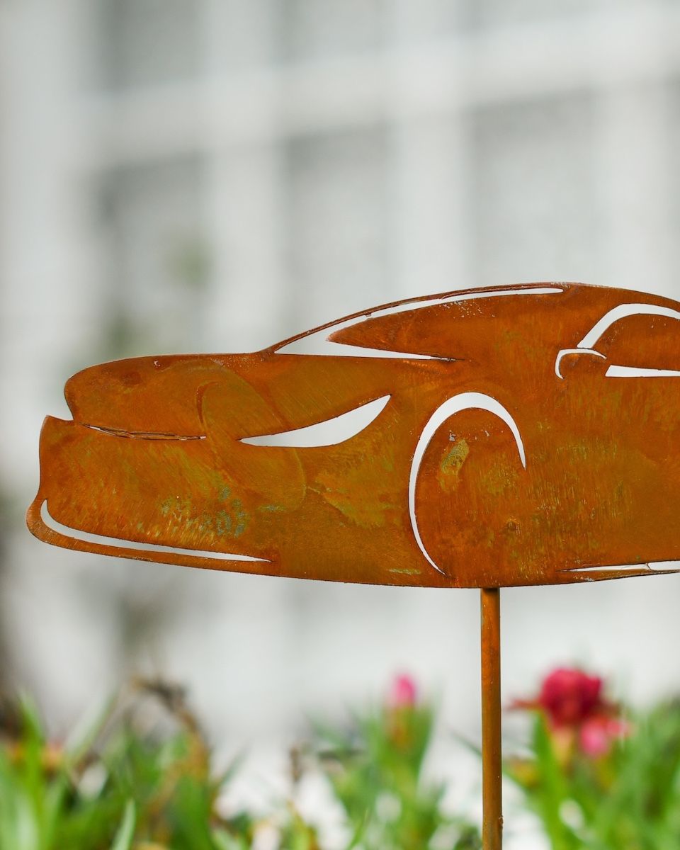 Rustic Sports Car Artistic Plant Pot Spike - Set of Two close up of front