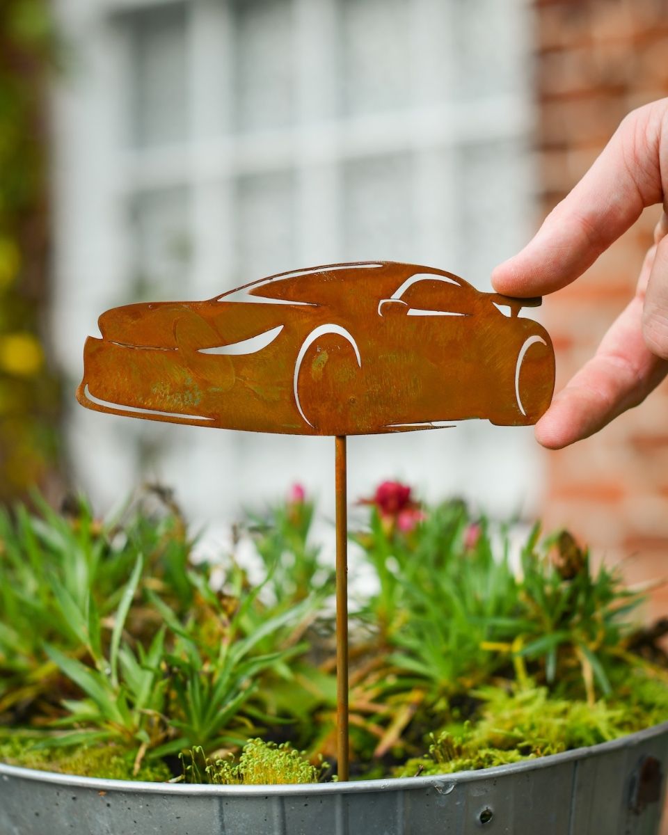 Rustic Sports Car Artistic Plant Pot Spike - Set of Two with hand in shot for scale