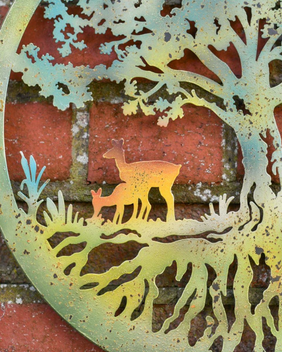 Close up of Rustic Deer Under Tree Wall Art grazing deer