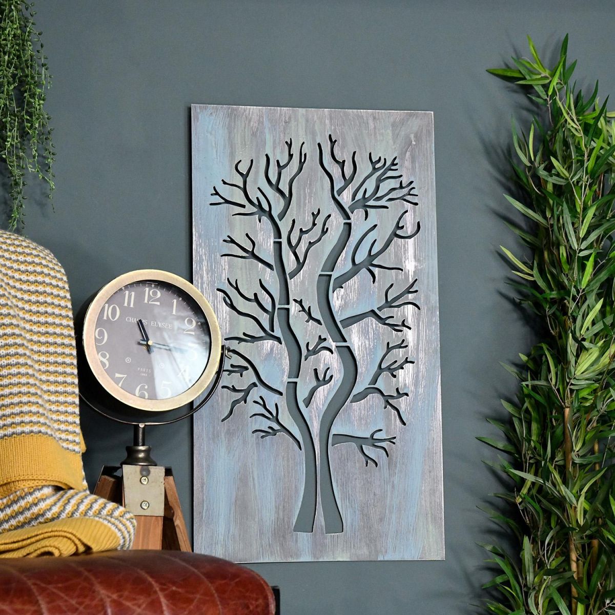 Rustic Tree Wall Art in Situ in the Home Next to a Clock and Chair Rustic Tree Wall Art in Situ in the Home Next to a Clock and Chair