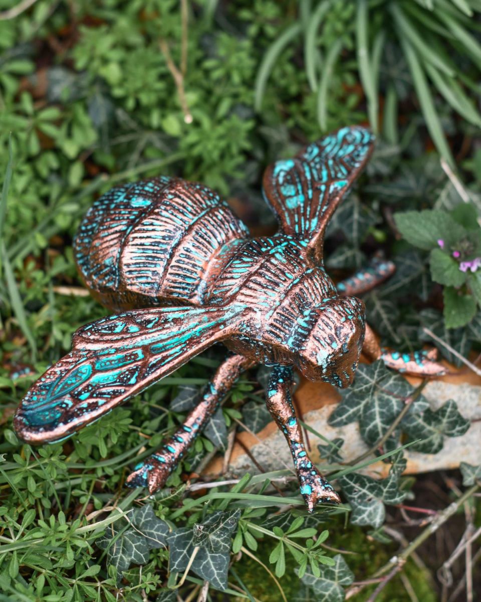 Situ Shot of Rustic Verdigris "Buzzing" Bumble Bee Garden Sculpture