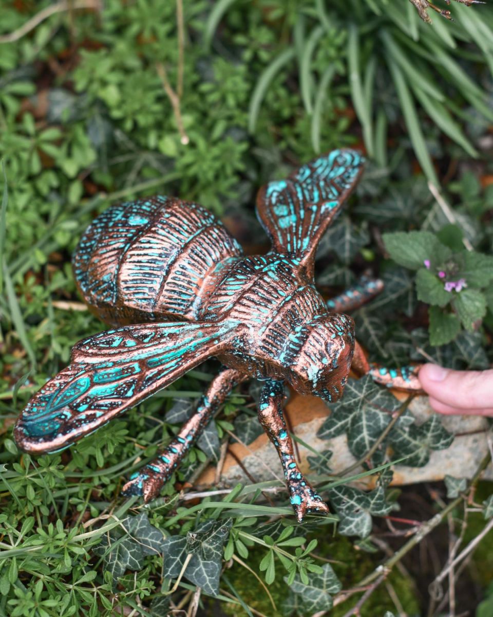 Scale Shot of Rustic Verdigris "Buzzing" Bumble Bee Garden Sculpture