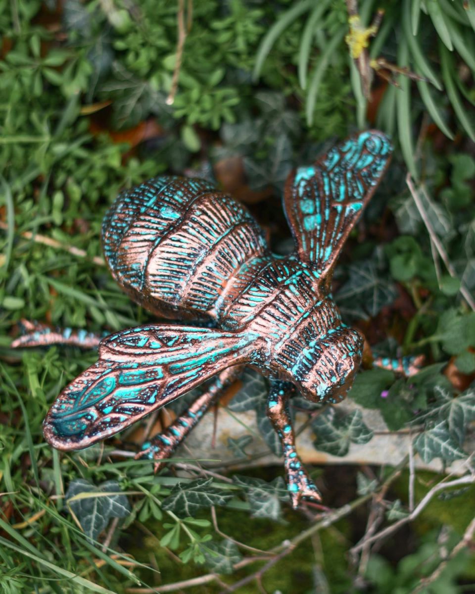 High-Angle View of Rustic Verdigris "Buzzing" Bumble Bee Garden Sculpture