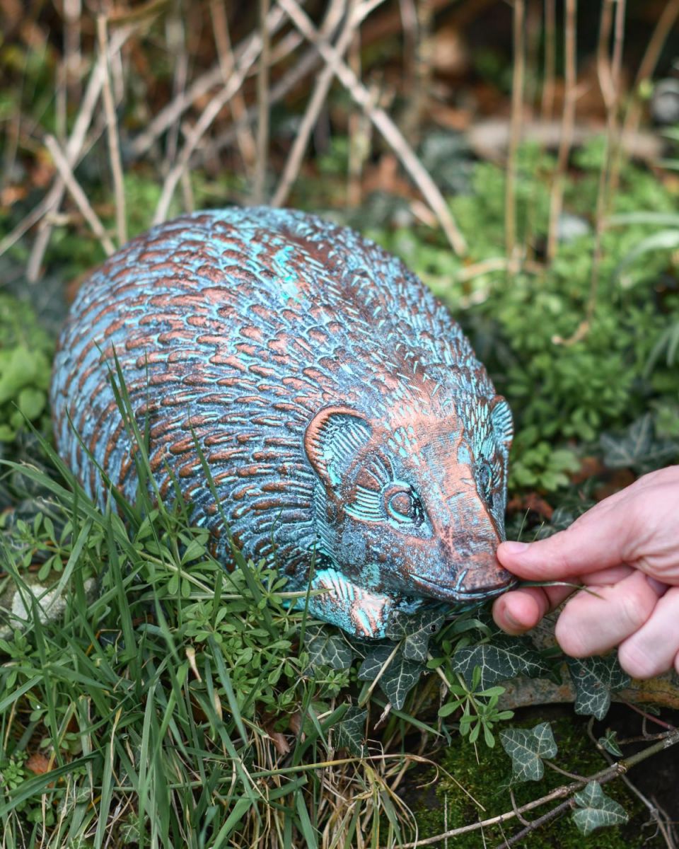 Scale Shot of Rustic Verdigris Cast Aluminium Hedgehog Garden Sculpture - 14cm