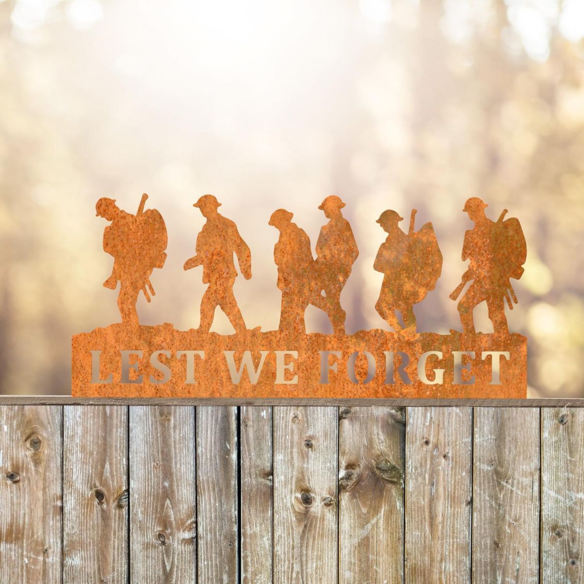 Walking Soldiers "Lest We Forget" Memorial Fence Topper in Rustic Finish