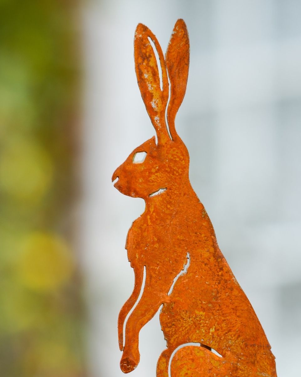 Rustic Watchful Hare Artistic Plant Pot Spike - Set of Two close up of head