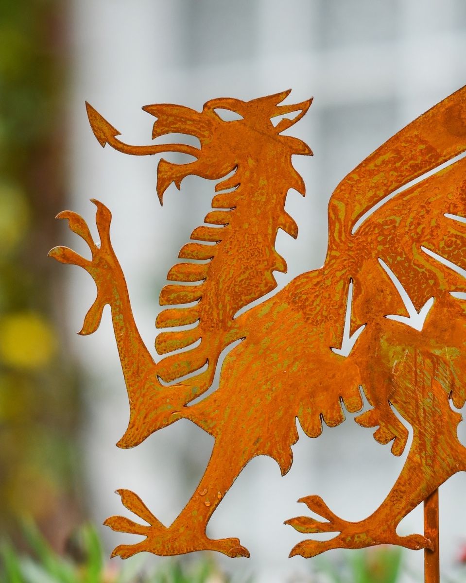 Rustic Welsh Dragon Artistic Plant Pot Spike - Set of Two close up of head