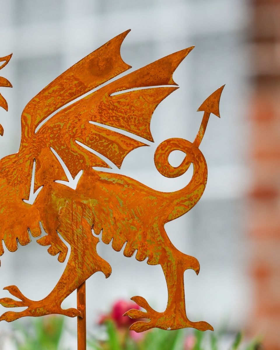 Rustic Welsh Dragon Artistic Plant Pot Spike - Set of Two close up of wings and tail