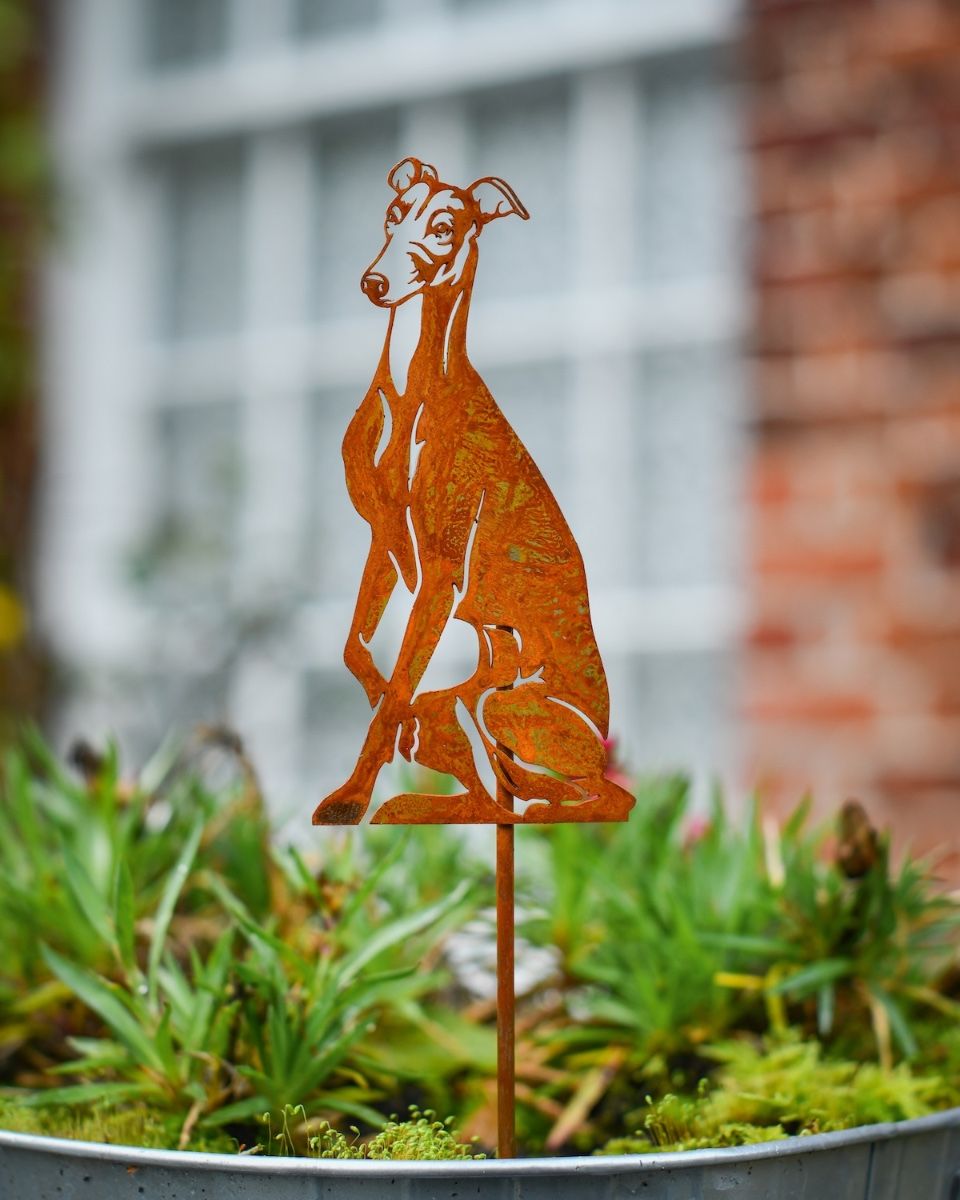 Rustic Whippet Artistic Plant Pot Spike - Set of Two