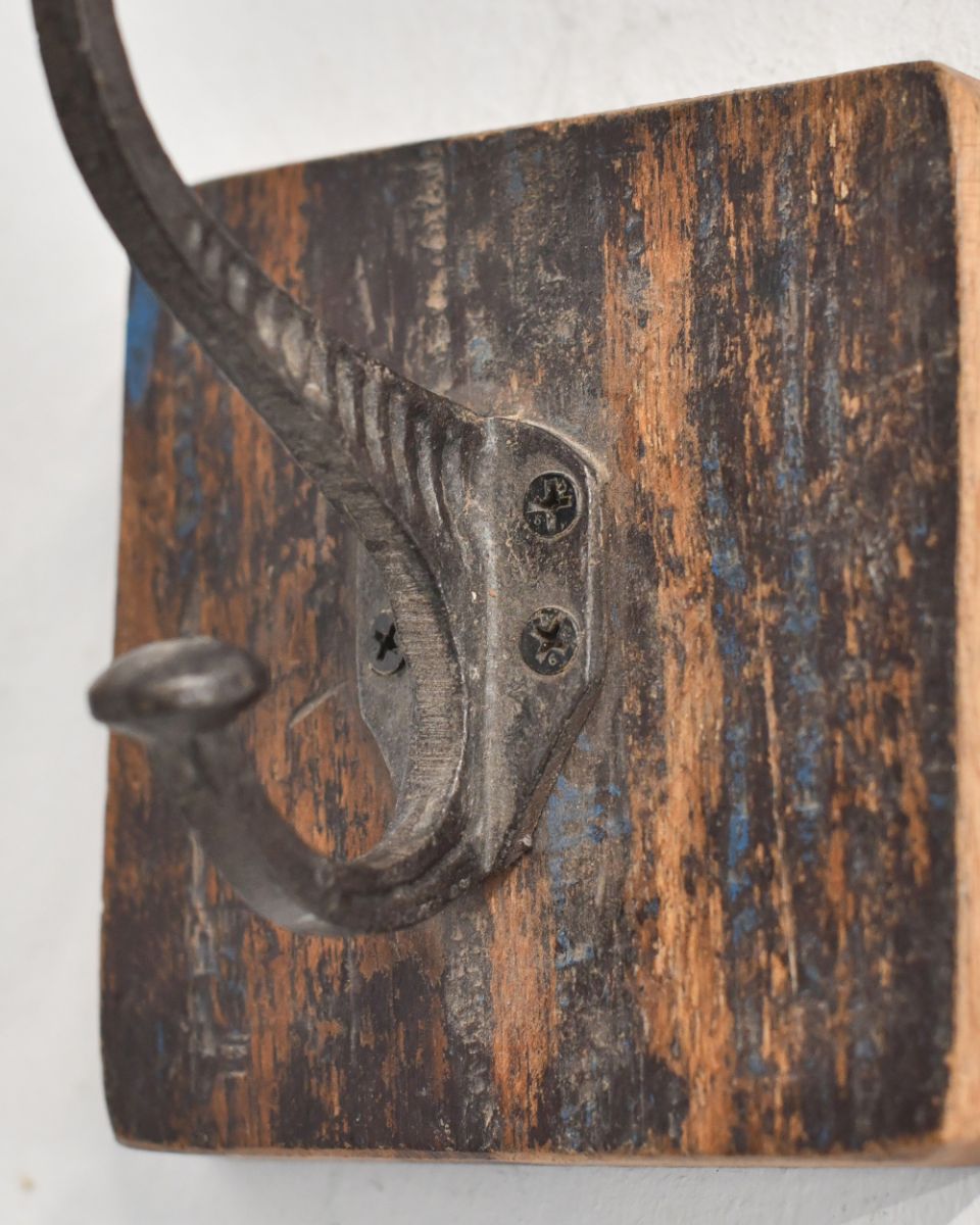Dark Rustic Wood And Iron Coat Hook up close of hook