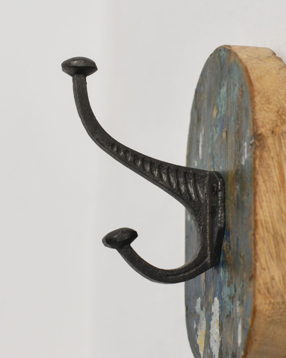 Rustic Wood And Iron Coat Hook in blue - details