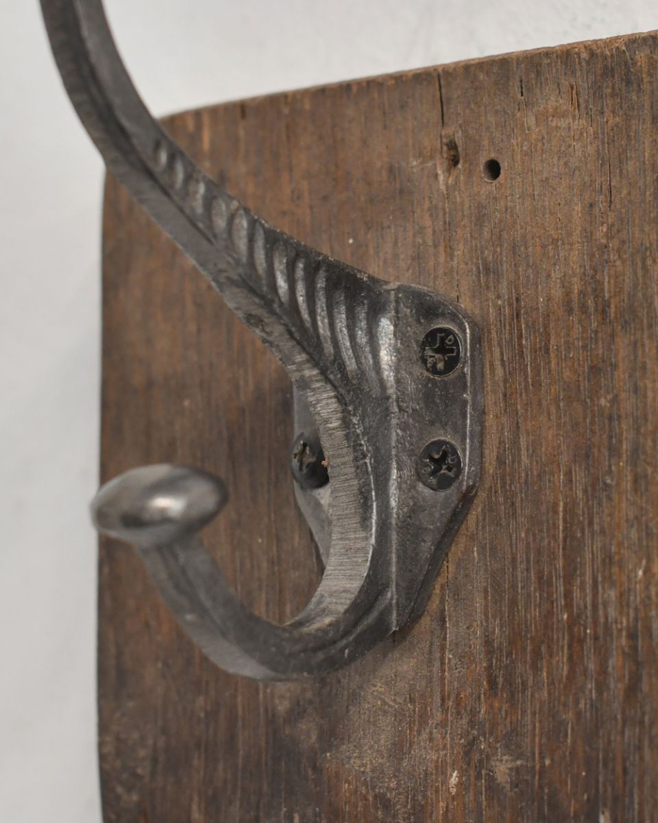 Close up of the hook on Rustic Wood And Iron Coat Hook dark
