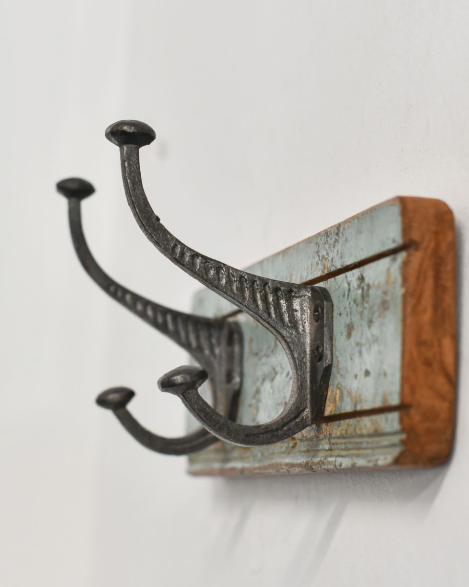 Close up of Rustic Wood And Iron Coat Hooks 2 - Green