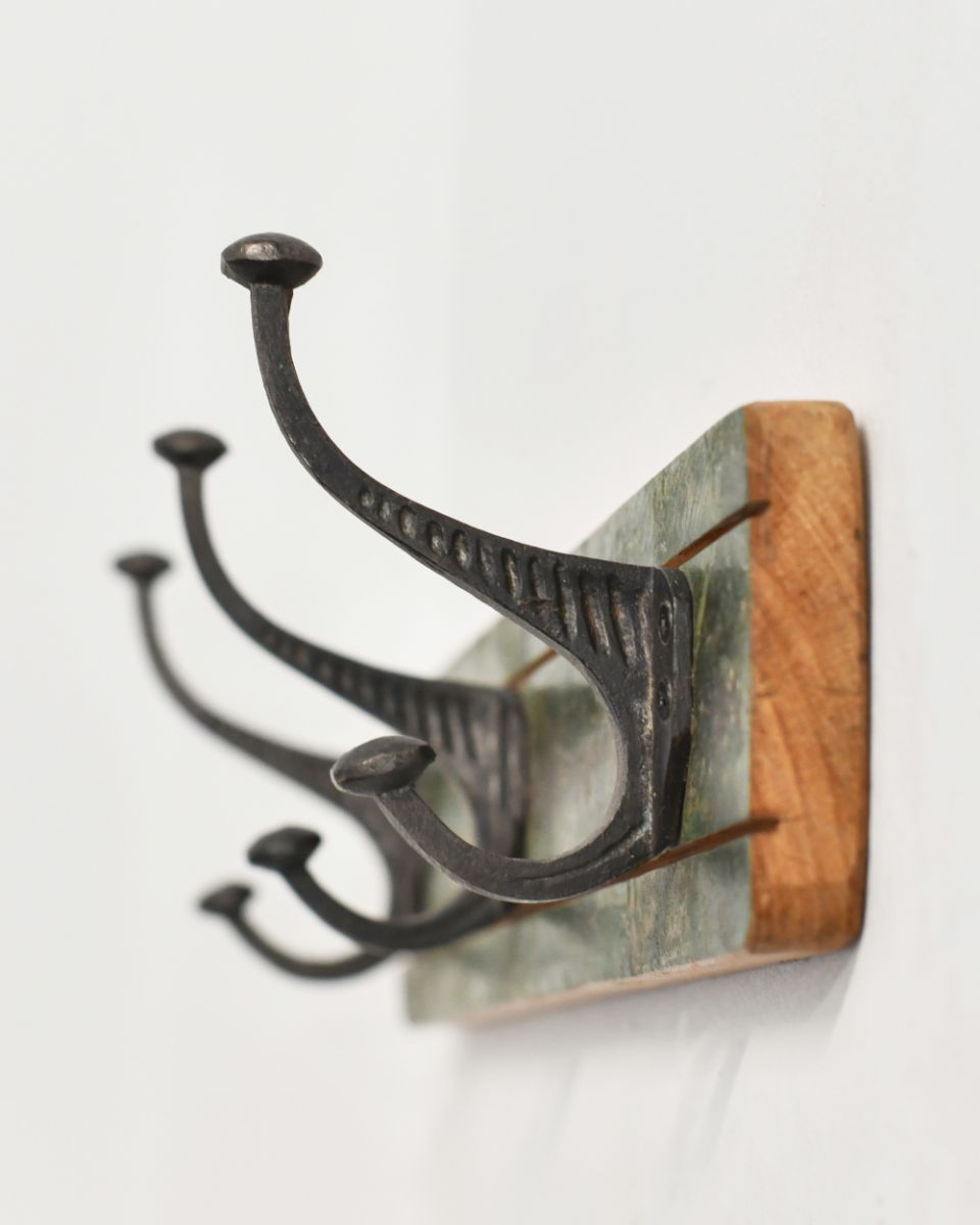 Rustic Wood And Iron Coat Hooks side on - green