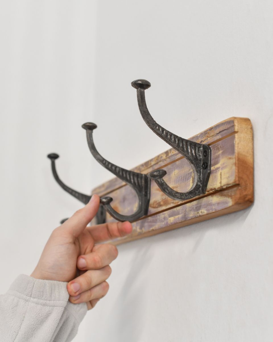 Rustic Wood And Iron Coat Hooks to scale - natural