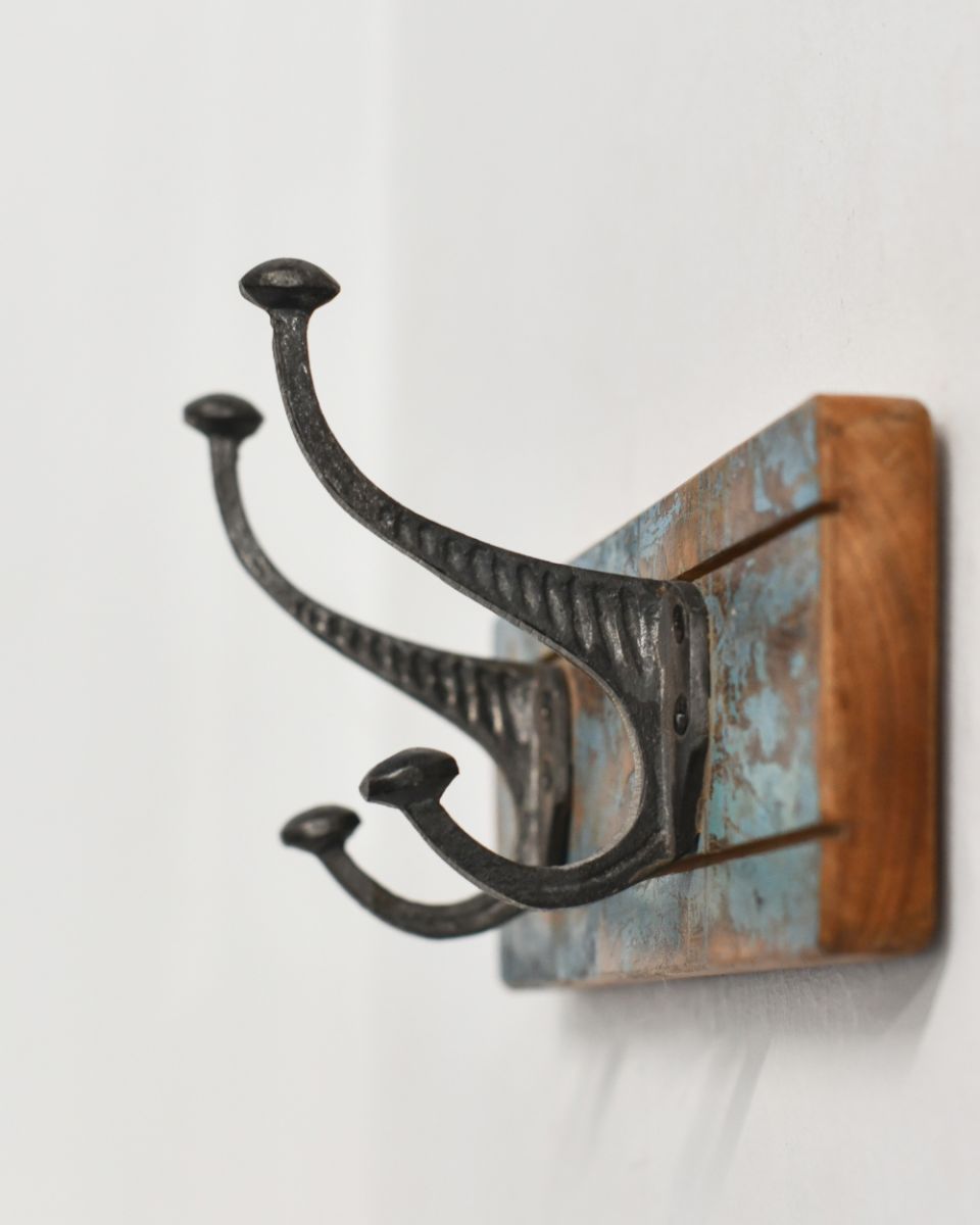 Side view of Rustic Wood And Iron Coat Hooks - blue
