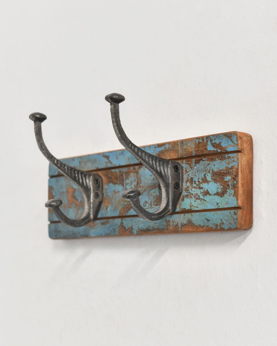 Rustic Wood And Iron Coat Hooks - blue