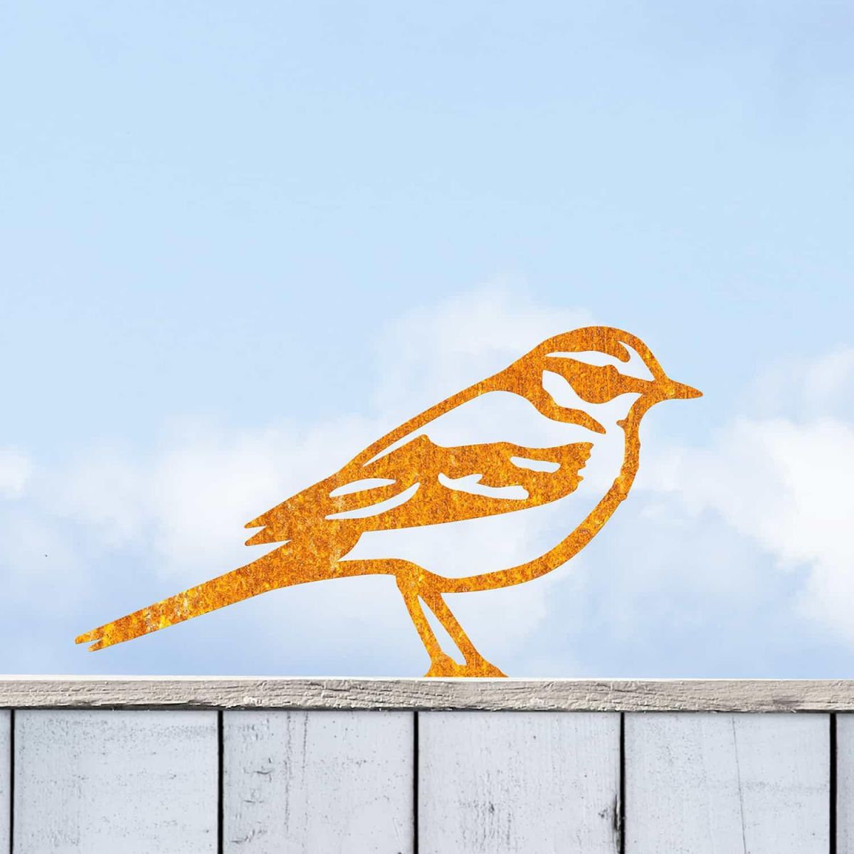 Rustic Yellow Wagtail Steel Fence Topper in Situ