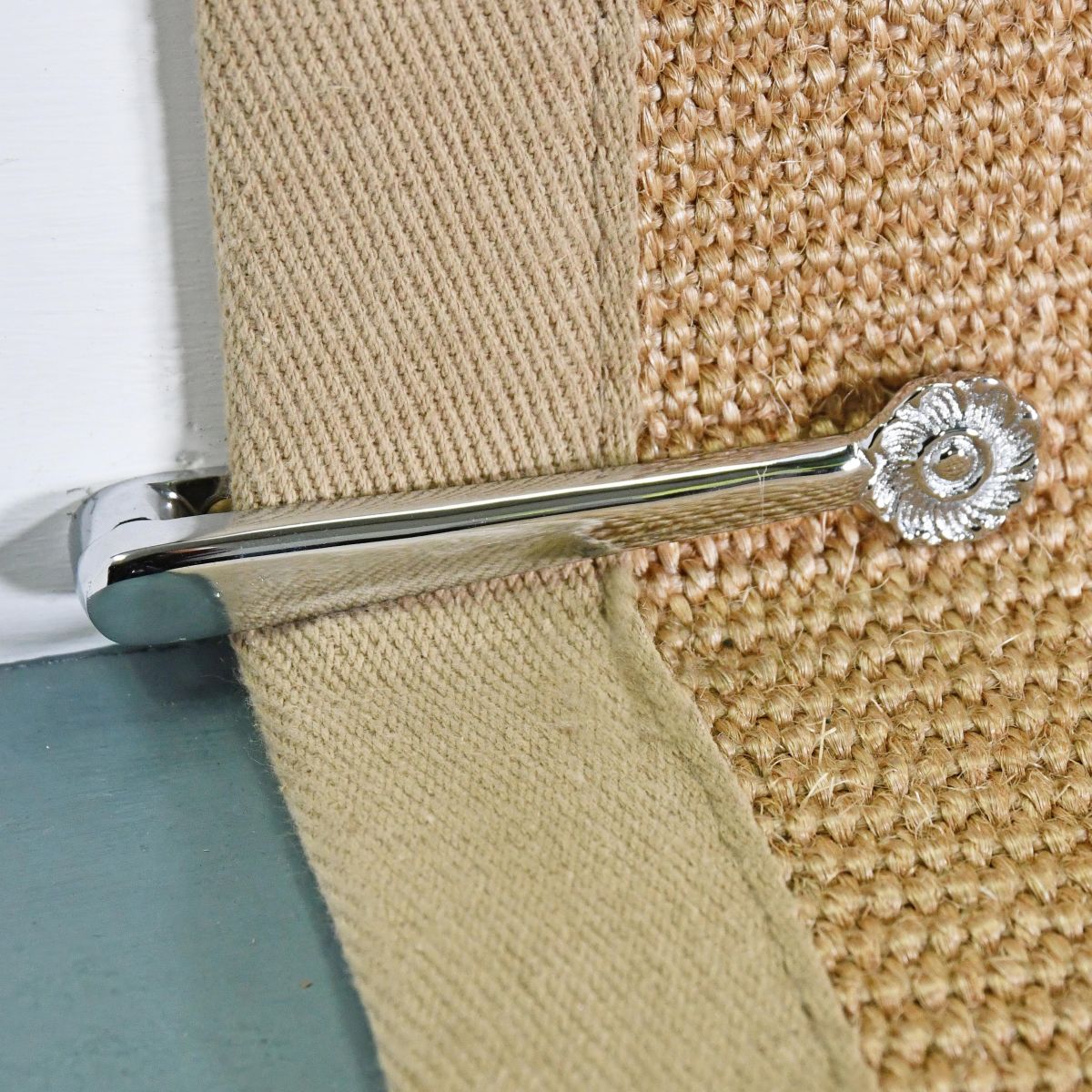 Bright Chrome Florentine Stair Clips on Blue Stairs