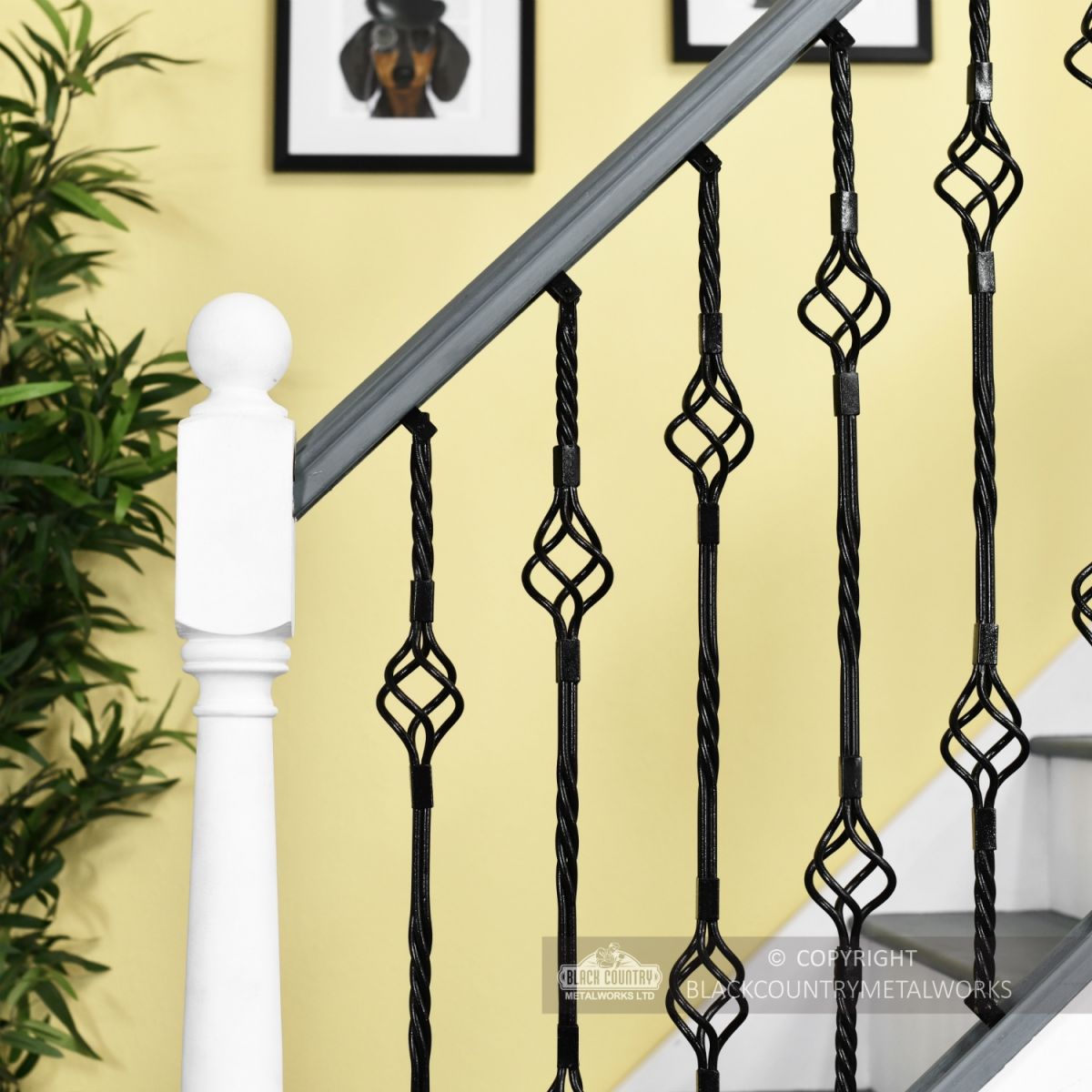 Black Iron Double Basket Stair Spindle Fitted In Stair Case