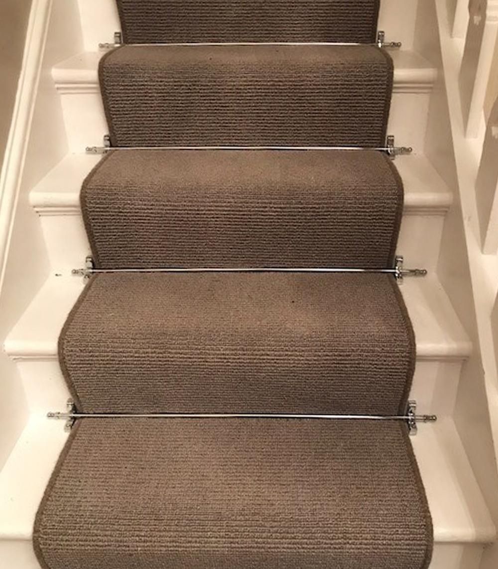 Ball Finial Bright Chrome Stair Rods in Use on a Brown Stair Case