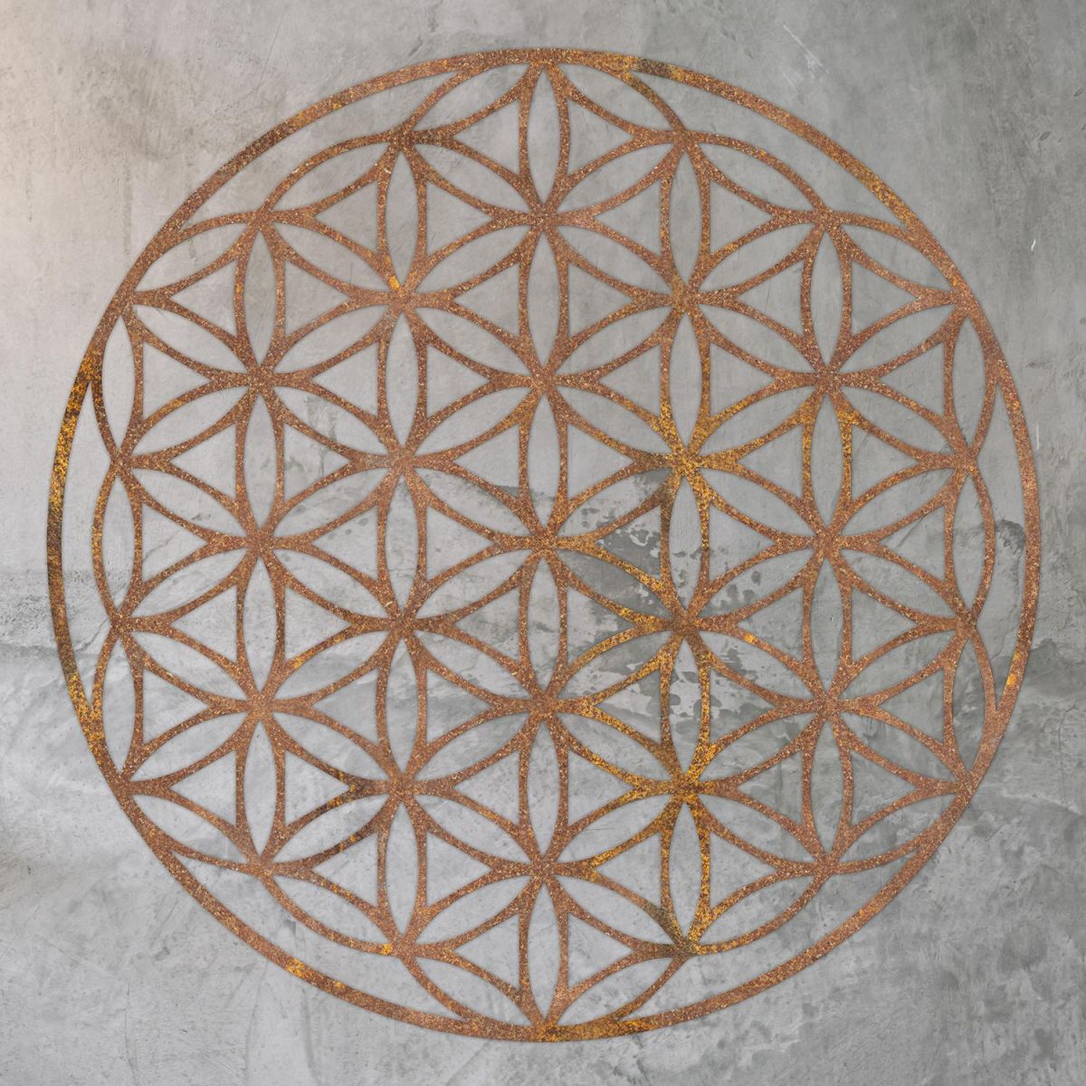 Geometry "Flower of Life" Steel Wall Art on a Rustic Wall