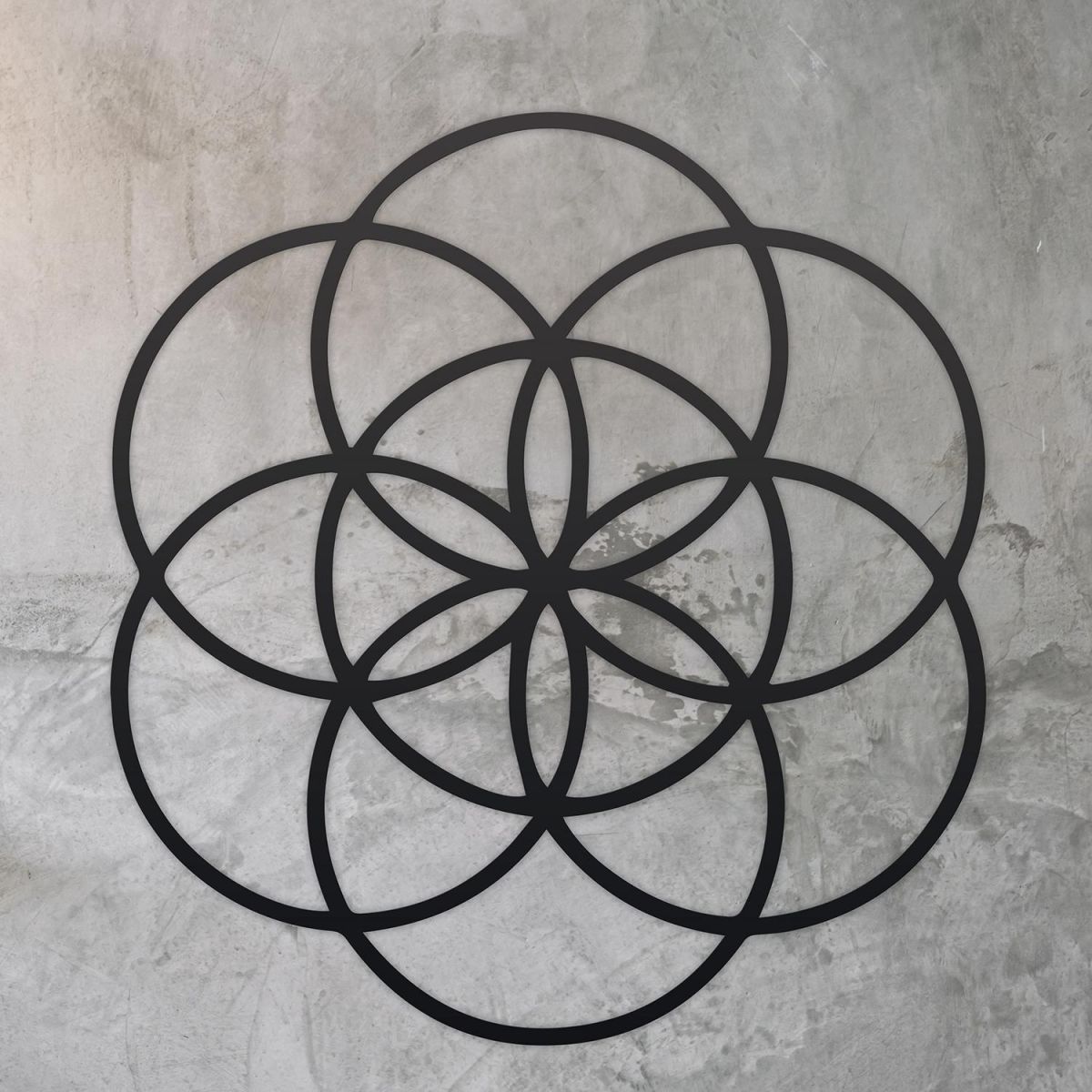 Black "Seed of Life" Steel Wall Art on a Rustic Wall