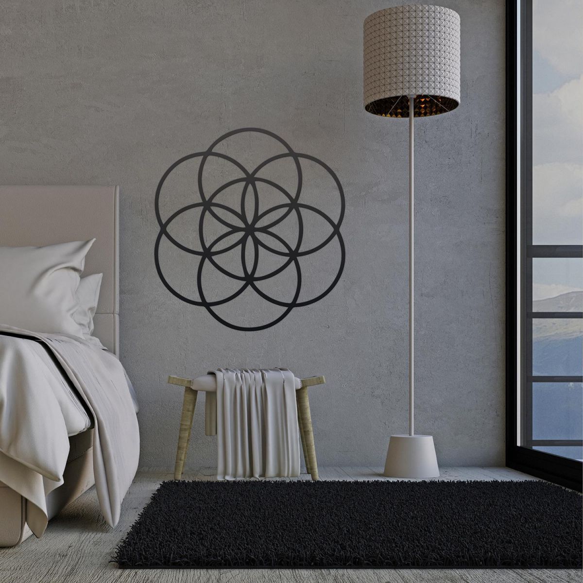 "Seed of Life" Steel Wall Art in a Display in the Bedroom