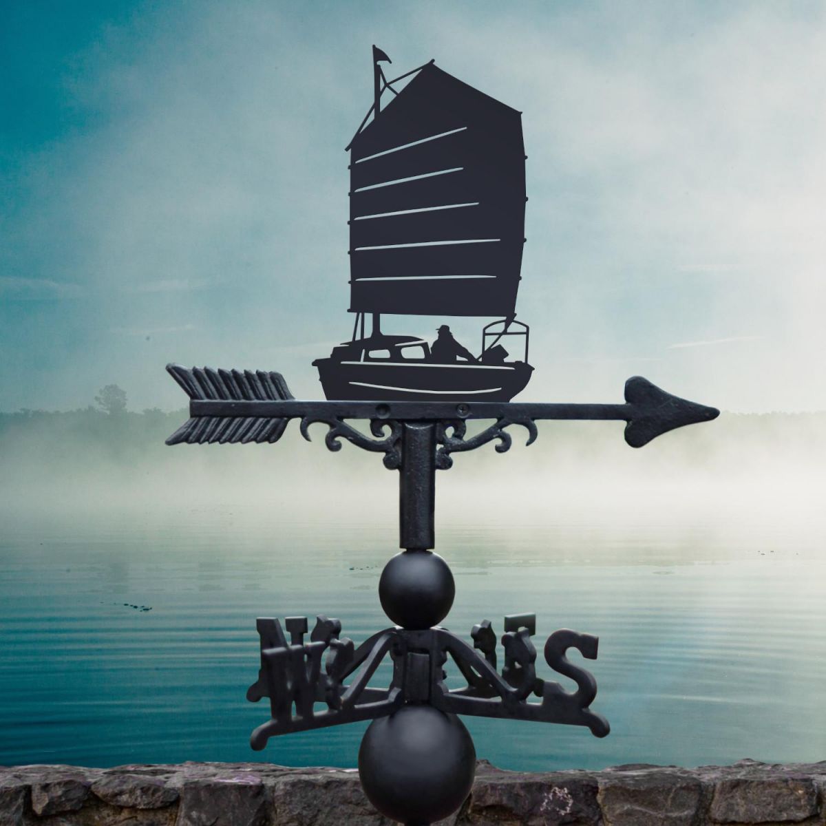 Sailboat with Chinese Junk Sail Weathervane in Situ