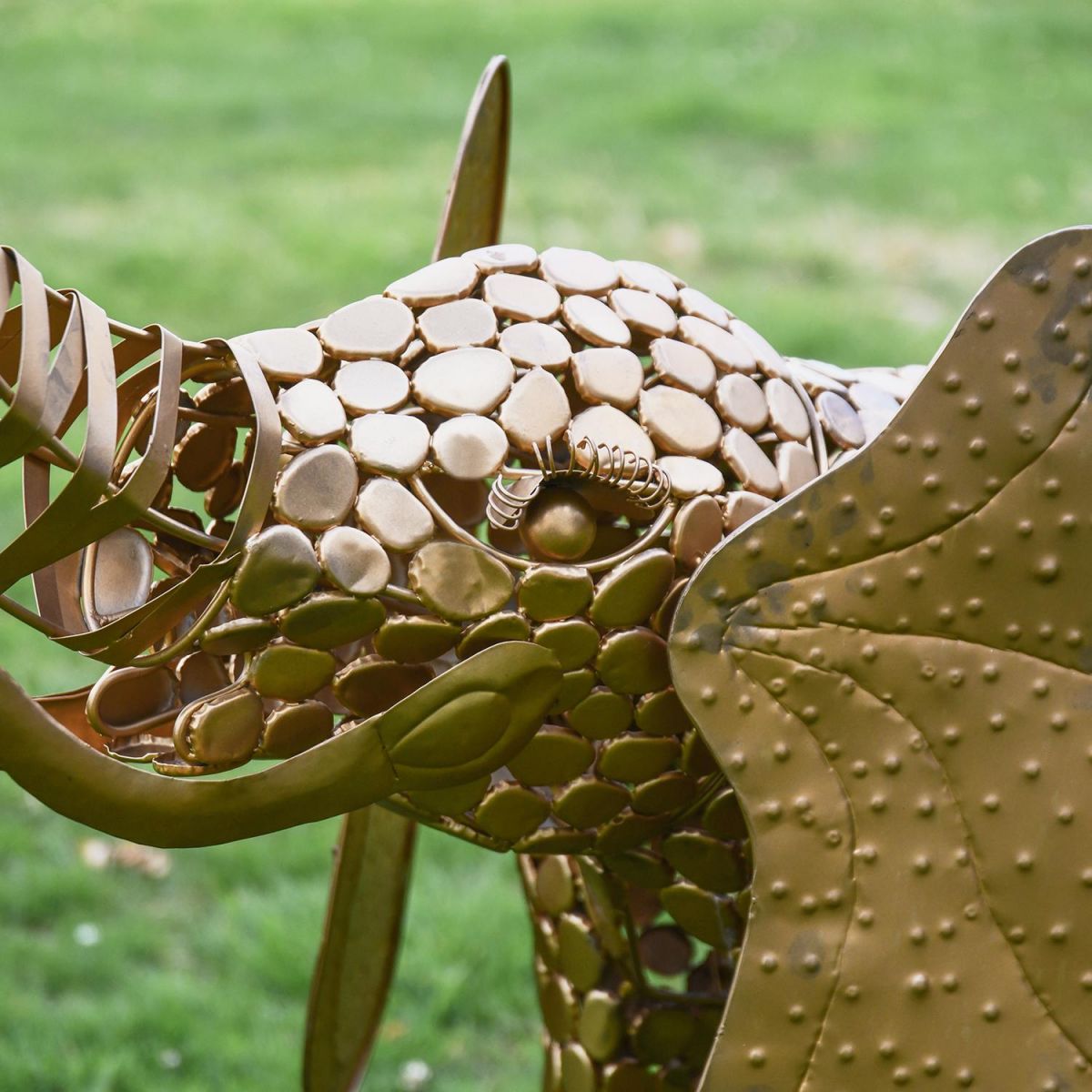 Close-up of the Detail on the Head of the "Sambaku" Gold Garden Elephant Sculpture