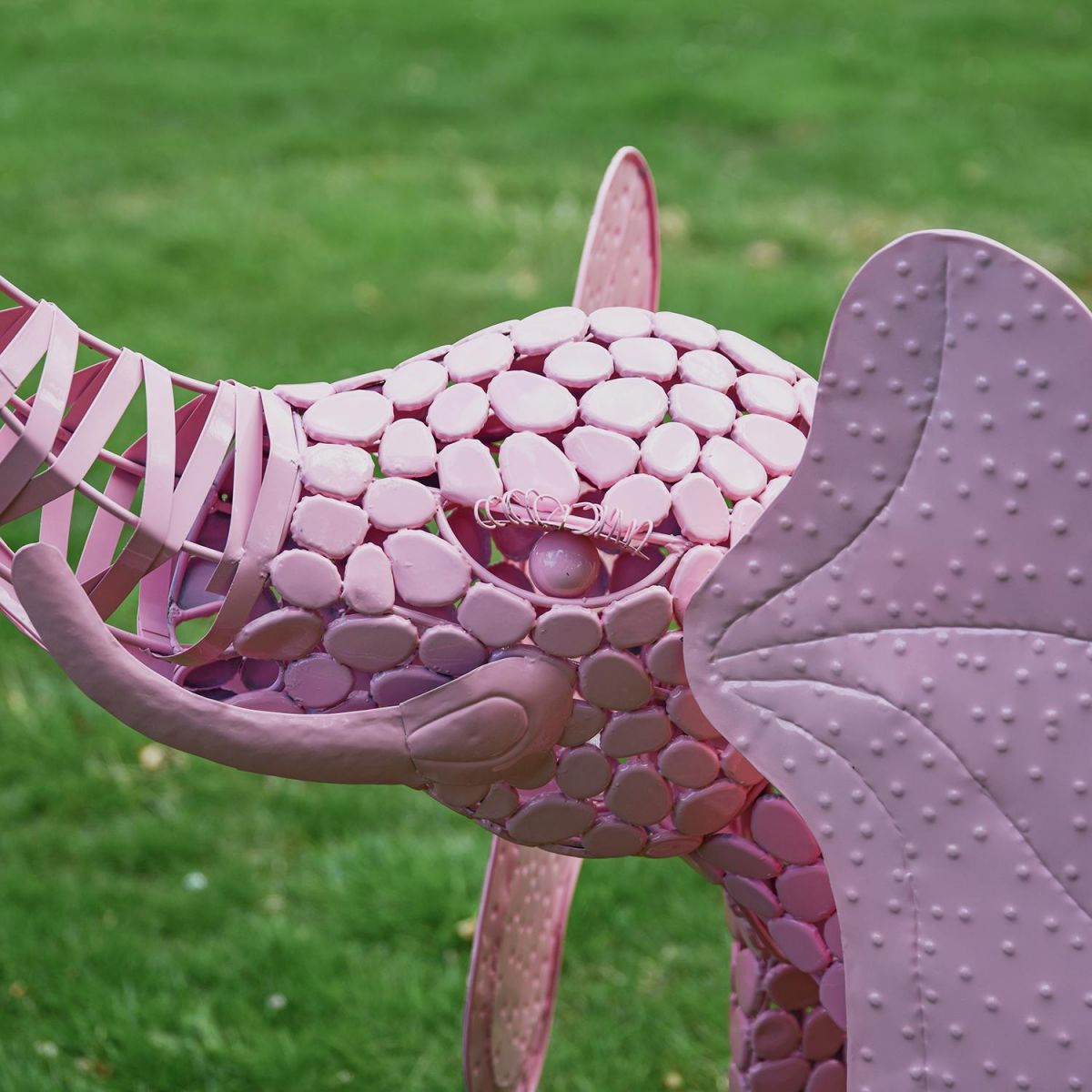 Close-up of the Head of the "Sambaku" Pink Garden Elephant Sculpture Close-up of the Head of the "Sambaku" Pink Garden Elephant Sculpture