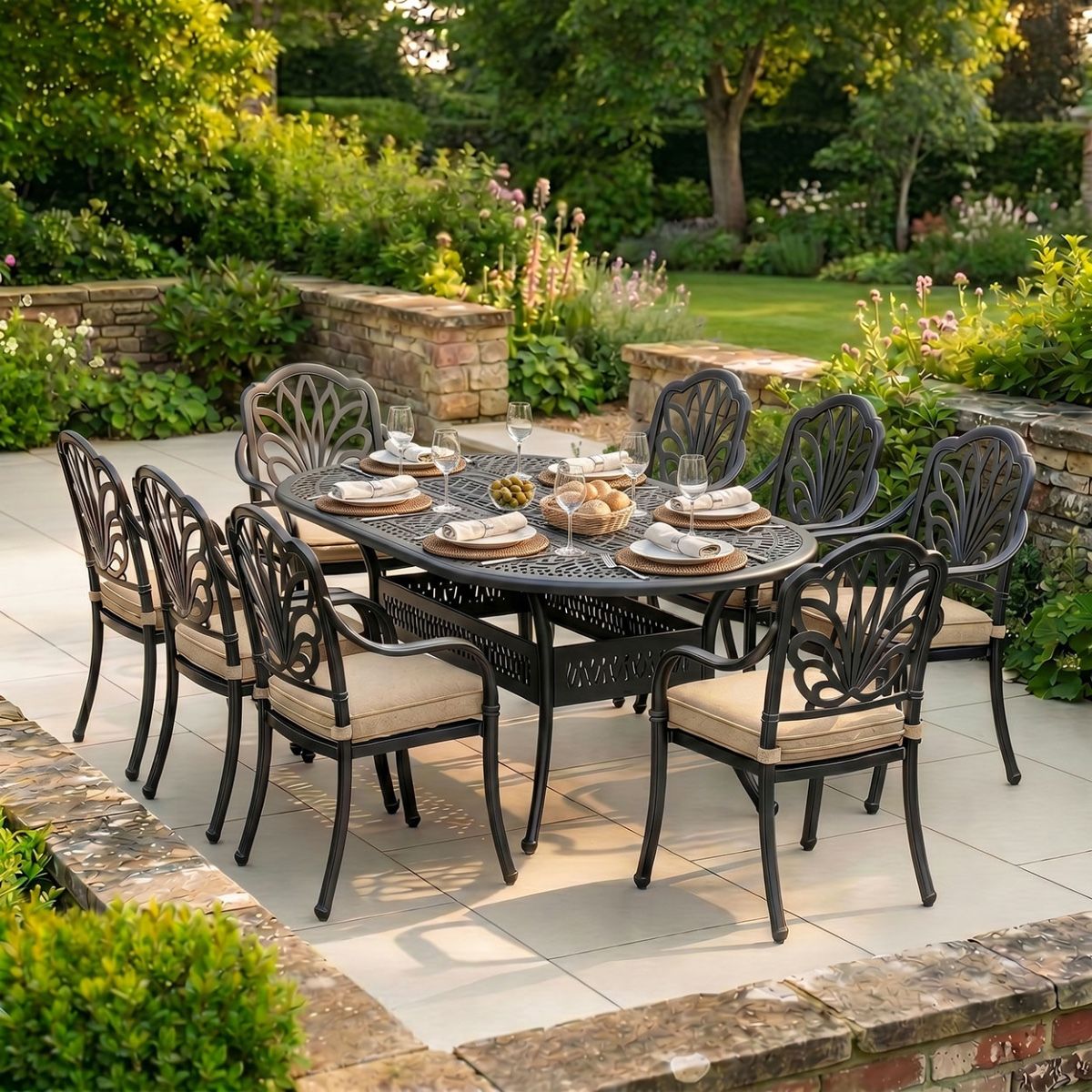 The "Moreville" 8-Seater Outdoor Dining Set in Situ in the Garden digital illustration dressed table 