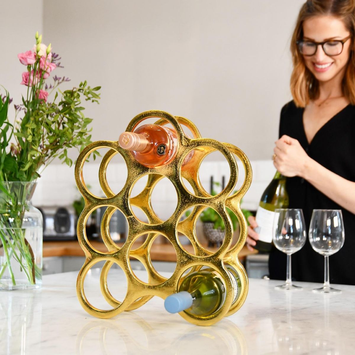 Gold "Floating Bubbles" Wine Rack on Kitchen Counter 